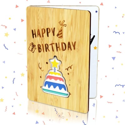 Dailygoods- Verjaardagskaart handgemaakt - Bamboekaart - Wenskaart met envelop - Taart motief - Herbruikbaar - 15 cm x 11 cm