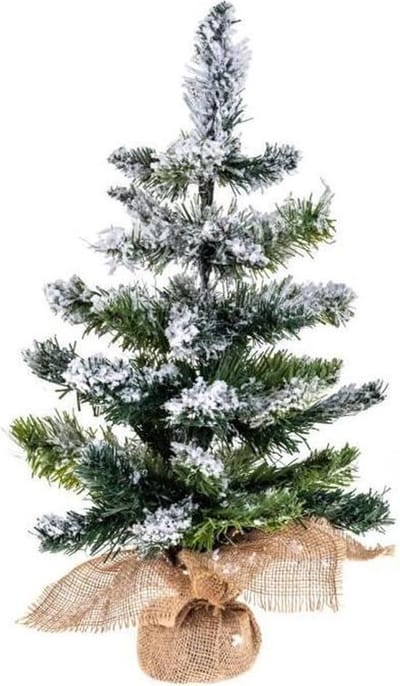 Blooming kunst (tafel)kerstboom - 50 cm - groen - Ø 29 cm - 54 tips - besneeuwd - jute zak