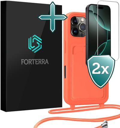 Hoesje Geschikt voor iPhone 16 Pro Pashouder Case Siliconen Hoes Met Koord Met 2x Screenprotector - Hoes Geschikt voor iPhone 16 Pro Met Telefoonkoord Hoesje Back Cover Met Pasjeshouder - Papaya