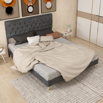REDOM gestoffeerd bedframe 160x200 cm – Stof + metaal grijs – Hoog hoofdbord met nietdetails, opbergruimte – 2 pakketten