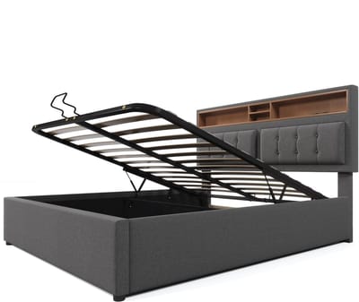 COVREO Bed 160x200 cm grijs stof met opbergruimte zonder matras