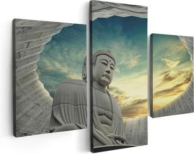 Artaza Canvas Schilderij Drieluik Boeddha Beeld In Het Park - 90x60 - Foto Op Canvas - Canvas Print