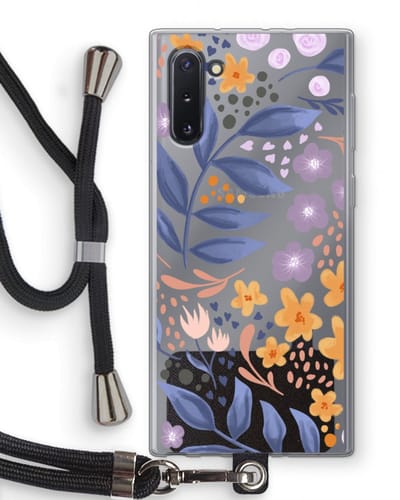 Case Company® - Hoesje met koord geschikt voor Samsung Galaxy Note 10 hoesje met Koord - Flowers with blue leaves - Telefoonhoesje met Zwart Koord - Bescherming aan alle Kanten en Over de Schermrand
