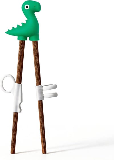 Trainingseetstokjes voor kinderen van natuurlijk hout 18 cm, inclusief 3-vinger hulpmiddel voor 1-8 jaar, ideaal voor Chinese en Japanse gerechten, Dinosaurus ontwerp