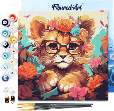 Figured'Art Mini Schilderen op Nummer Volwassenen 20x20cm met lijst Fantasie leeuwenwelp en bloemen - Klein Formaat Creatieve Hobby Kit DIY Art Nummer Compleet