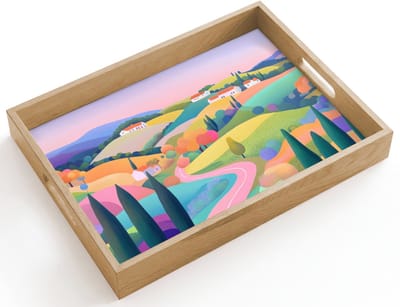 Dienblad hout 40x30 cm - Schootdienblad - Landschap - Paars - Pastel - Huizen - Borrelplank rechthoek - Plateau dienbladen