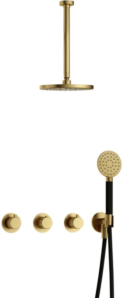 Hotbath Cobber X - CX7067 - Inbouw Regendoucheset - Geborsteld Messing PVD - 2 Stopkranen - Thermostatisch - Plafondbuis 30 cm - Hoofddouche 200 mm - Ronde Handdouche 3 Standen - Waterbesparend