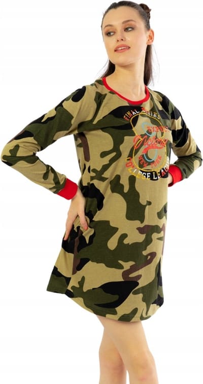 Vienetta | 100% katoen nachthemd met lange mouwen| militair patroon | S