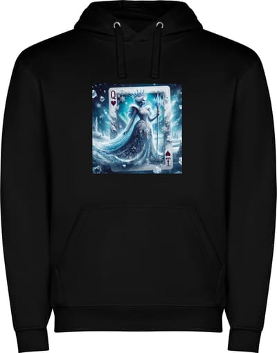 Zwarte unisex hoodie met “ Kleurrijke Speelkaart Harten Queen – Harten Vrouw “ Print Full Color merk Roly maat M