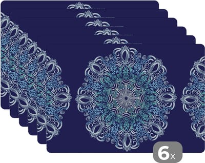 Placemat - Placemats kunststof - Mandala - Blauw - Patronen - 45x30 cm - 6 stuks - Hittebestendig - Anti-Slip - Onderlegger - Afneembaar