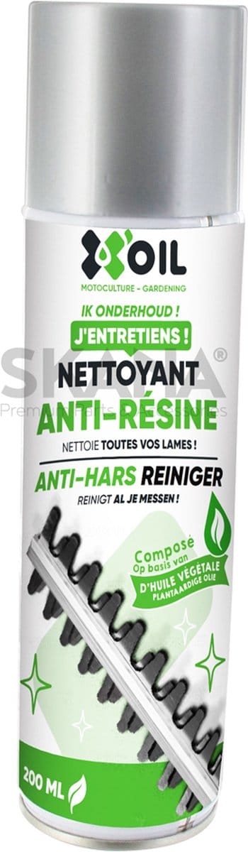 X'OIL antihars- en reinigingsspray met formule op basis van plantaardige olie, voor heggenscharen, snoeischaren. Spuitbus van 200 ml.