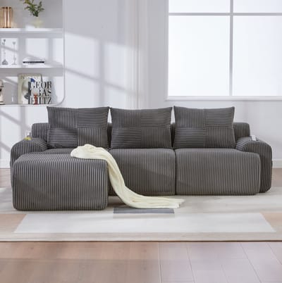 MIVRAY Set 268 x 174 x 80 cm - Modulaire 3-Zits Bank Met Hocker, Bekerhouder En Opbergtas - Voor Woonkamer - Corduroy Donkergrijs