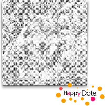 HappyDots DOT Painting Wolf tussen bloemen - Stippelschilderij 50x50cm