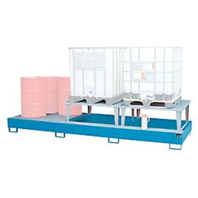 Opvangbak Bauer AWA 32, staal, blauw, L 3850 x B 1460 x H 780 mm, 1000 l, voor 3 x 1000 l IBC, 2 vulstukken, 1 rooster