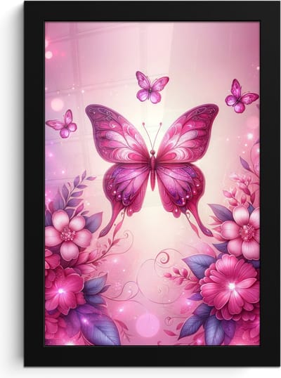 Poster in lijst - Fotolijst 20x30 cm - Posters - Vlinder - Roze - Bloemen - Posterlijst zwart - Kamer decoratie - Wanddecoratie kinderkamer - Muurdecoratie babykamer