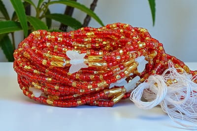 AfricanFabs® Waist Beads / Afrikaanse Heupketting - Osime - Rood (Traditioneel niet-elastisch koord) - 3 in 1 Buikketting - Taille ketting
