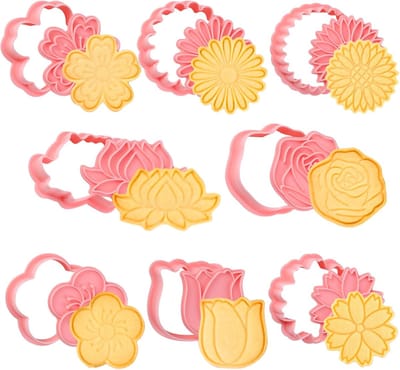 SnelShoppen - 8-delige Flower Cookie Cutters Set - 3D Roze Lotus, Chrysant, Kersenbloesem, Perzikbloesem - Food Safe Plastic - Ideaal voor Kinderen en