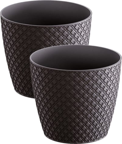 2x stuks orient stijl plantenpot/bloempot kunststof dia 13 cm en hoogte 11 cm in het antraciet grijs voor binnen/buiten
