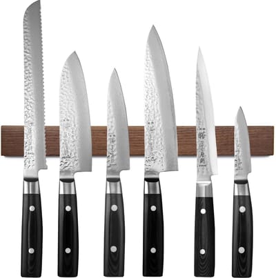 Yaxell Zen Messenset – 7-delig – Magnetische Messenstrip van Walnotenhout met 6 Messen – 37 Lagen Damaststaal – Canvas-Micarta Heft