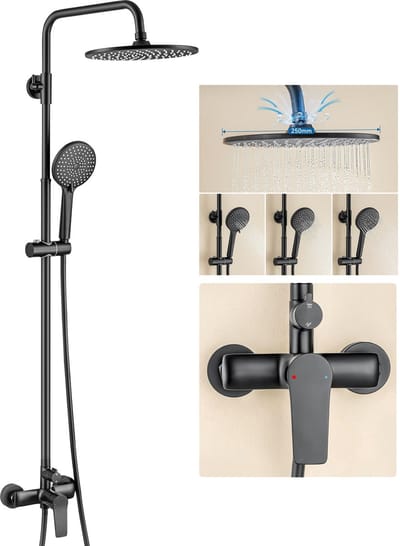 Auralum Max Compleet Douchesysteem - Zwart Doucheset - Hoofddouche & Handdouche - Met douchekraan - Regendouche - Hoogte Verstelbaar 93-130 cm - Zwart