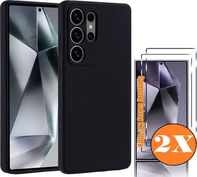 Hoesje geschikt voor Samsung Galaxy S25 Ultra Hoesje siliconen Zwart zacht TPU backcover - Met gehard glas screenprotector Galaxy S25 Ultra - 2 stuks