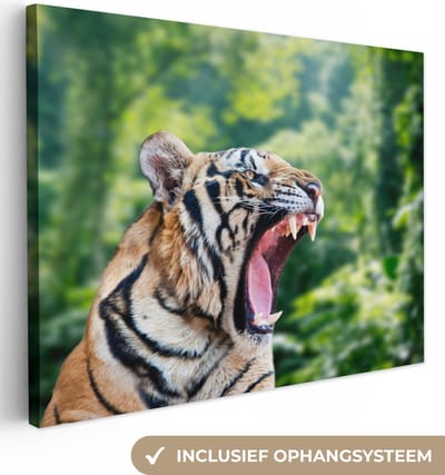 Canvas Schilderij Tijger - Kop - Bos - 80x60 cm - Wanddecoratie