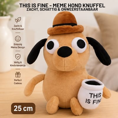 This Is Fine Meme Hond Knuffel 25 cm – Zachte Gevulde Pluche Hond met Koffiemok, Grappige Meme Knuffelpop, Schattig Hondenspeelgoed, Cadeau voor Kinderen, Jongens, Meisjes en Meme Fans