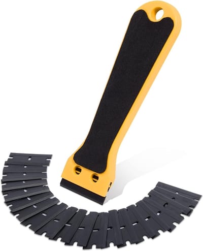 Plastic Schraper met Lange Handgreep en 20 Stuks 1.5 Inch Plastic Bladen voor het Verwijderen van Stickers en Lijmresten, Geel, Ideaal voor Klussen en Schoonmaken