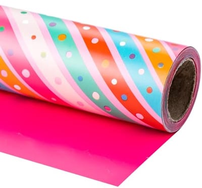 Omkeerbaar verjaardagswrappapier met kleurrijke strepen in roze - 43,2 cm x 10 m