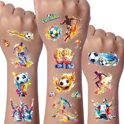 SnelShoppen - Football Glitter Tattoo Set - 12 Bladen Voetbal Glitter Tattoos voor Kinderen - Waterproof Tijdelijke Tatoeages - Feestaccessoires voor