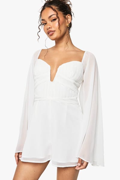 boohoo Dames Chiffon geplooide playsuit met lange mouwen | White | Maat: 12