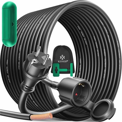 KESSER® Verlengkabel 40 m met beschermkap voor buiten - voor binnen en buiten - verlengkabel - 230 V IP44 - met Schuko stekker - geaard contact bouwplaatkabel geaarde stekker