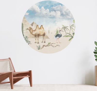 Muurcirkel zelfklevend behang - Dieren bij de piramides - Wanddecoratie - 080cm behangcirkel - Ronde sticker voor aan de muur - Behangsticker verkrijgbaar in verschillende formaten