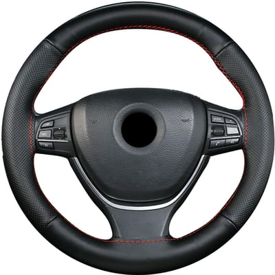 Housse de Volant de Voiture 38cm Cuir Universel Noir Surface Lignes Rouges Toucher Confortable Respirant pour Auto black