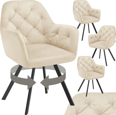 tectake® Draaistoel Fluweellook – Eetkamerstoel met Armleuningen – Ergonomische Zitting en Rugleuning – 180° Draaibaar – Moderne Stalen Poten – Set van 4 - Crème