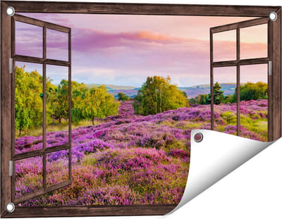Gards Tuinposter Doorkijk Paarse Weide - 60x40 cm - Tuindoek - Tuindecoratie - Wanddecoratie buiten - Tuinschilderij
