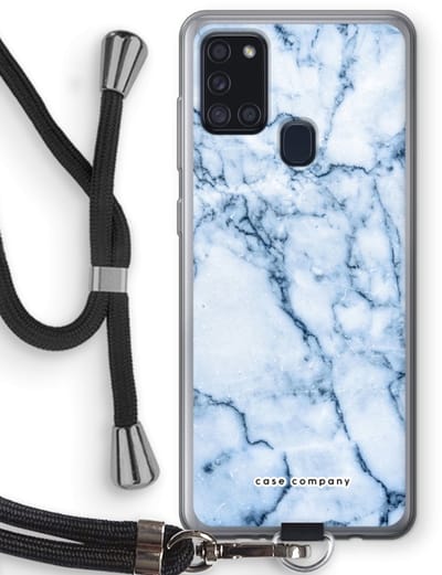 Case Company® - Hoesje met koord geschikt voor Samsung Galaxy A21s hoesje met Koord - Blauw marmer - Telefoonhoesje met Zwart Koord - Bescherming aan alle Kanten en Over de Schermrand