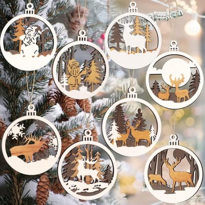 8st Hangende Houten Kerstboomversiering, Ronde Kerst Ornamenten Met Elanden Kerstman Sneeuwpop Holle Decor Boerderijversieringen Voor Kerstboom Wintervakantie