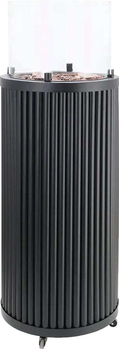 Cosipillar Curved Black Gashaard Terrasverwarmer - Afmeting: ø 40 x 112 cm - Inclusief: 30mBar regelaar met gasslang, glas, lavastenen, batterij en wieltjes