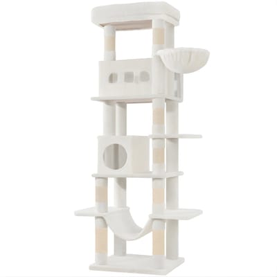 Kattenboom – Voor Katten – 170 cm Hoge Kattenboom met 8 Krabpalen, 2 Holletjes, Grote Platforms, Wasbaar Matje, Hangmat en Speelballetjes – Wit