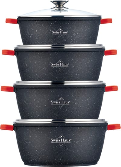 Swiss Haus® FC3008 Pannenset Inductie - 8 Delig Kookpannenset Met Glazen Deksel - Ø 32 / 36/ 40 / 44 cm XL Braadpan Set - Groot Soeppannen 10 / 14 / 19.5 / 25.5 Liter - Braadpan Met Antiaanbaklaag - Pannen Voor Alle Warmtebronnen - Zwart