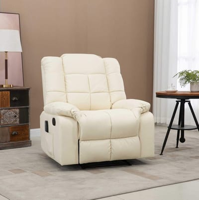 MEUNIQ massagestoel 94 x 99 x 99 cm met verstelbare rugleuning en voetensteun, 8-punts vibratiemassage, kunstleren relaxfauteuil met afstandsbediening voor woonkamer, crème