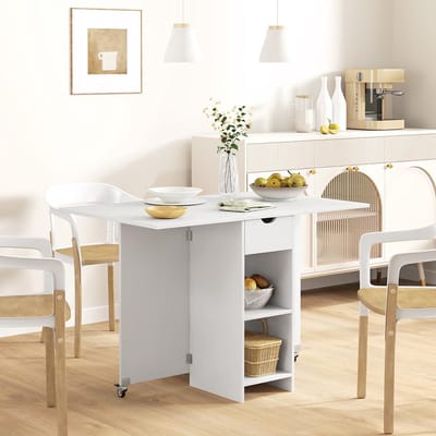 Pugsdrly - Opklapbare eettafel - Voor 2-4 personen - Met opbergruimte - Uitschuifbaar - Op wieltjes - Wit - Zonder stoelen