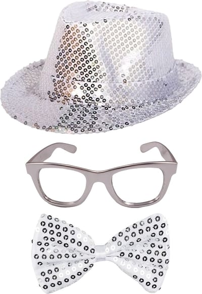 Folat Verkleedkleding set hoed/strikje/bril zilver glitter volwassenen