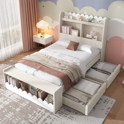 DESMIU Kinderbed 90x200 cm – Eenpersoonsbed Met Opberglades En Planken – Met Zitbank En Opbergruimte – Voor Kinderkamer – Massief Hout En MDF – Wit En Licht Eiken – Zonder Matras