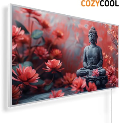 Infraroodpaneel met afbeelding | Boeddhabeeld zittend tussen rode bloemen | 1200 Watt | Witte lijst | Infrarood verwarmingspaneel | Infrarood paneel | Infrarood verwarming