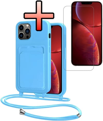 Hoes Geschikt voor iPhone 13 Pro Hoesje Pasjeshouder Cover Met Koord Case Siliconen Hoes Met Telefoonkoord en Kaarthouder Met Screenprotector - Lichtblauw