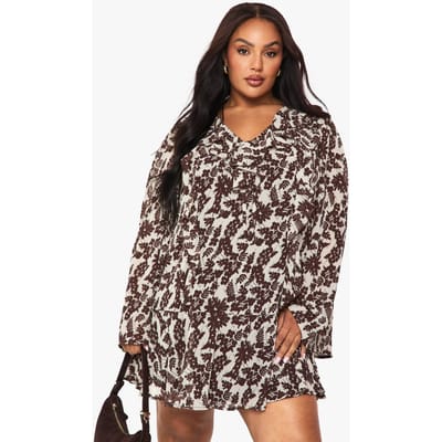 boohoo Dames Plus Florale Ruffle Tie-Front Shiftjurk | Chocolate | Maat: 16