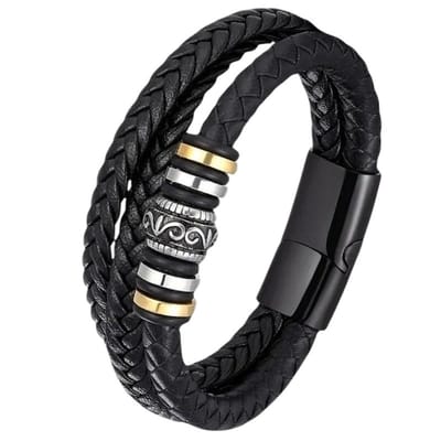 Fako Bijoux - Leren Armband Heren - Zwart Leer Met Stalen Accenten - Mannen - 21cm - Leer - Magnetische Sluiting - Zwart