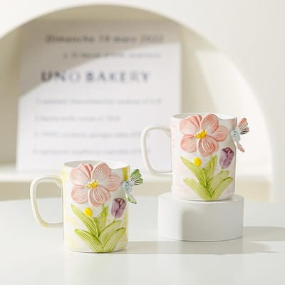 Reliëf Driedimensionale Bloemen Riem Enkele Kop Hoge Waarde Grote Capaciteit Mok Hittebestendige Waterbeker Ins Keramische Beker 400ML beige